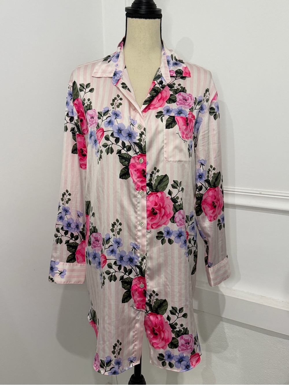 Victoria's Secret Pink Floral Satin Button-Front Sleep Shirt
